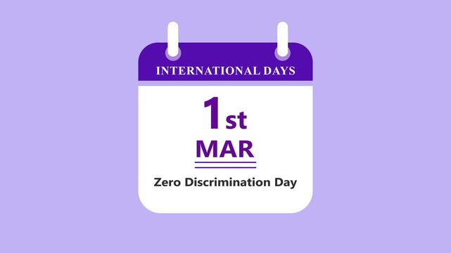 Equality awareness calendar interface showing 1st March Zero Discrimination Day with clean minimal date layout and modern design on purple background 4k animation video