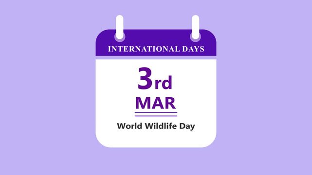 Wildlife awareness calendar interface highlighting 3rd March World Wildlife Day with clean minimal date layout and nature event design on purple background 4k visuals
