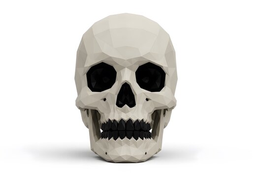 Stylized low poly human skull on white background isolated, minimalist design.