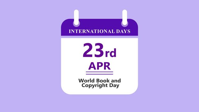 Book and copyright awareness calendar interface showing 23rd April World Book and Copyright Day with clean minimal date layout on purple background 4k animation video