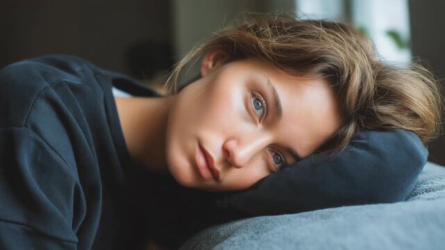 Close-up of a tired Caucasian woman lying on a bed and looking at the camera, expressing fatigue and vulnerability in a quiet domestic setting, symbolizing rest, burnout, and emotional exhaustion.