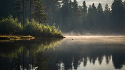 Fototapeta premium Serene morning at a tranquil lake surrounded by lush trees and mist, reflecting nature's beauty