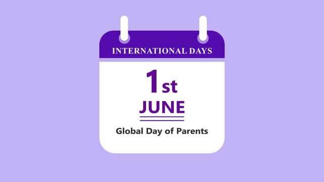 Family celebration calendar interface showing 1st June Global Day of Parents with clean minimal date layout and social design on purple background 4k visuals
