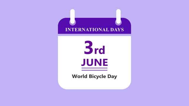 Cycling awareness calendar interface featuring 3rd June World Bicycle Day with clean minimal date layout and lifestyle design on purple background 4k animation video