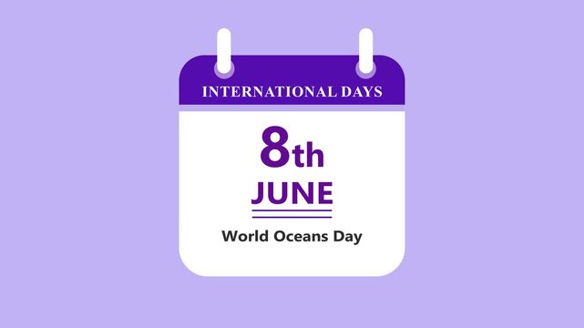 Ocean conservation calendar interface showing 8th June World Oceans Day with clean minimal date layout and marine design on purple background 4k visuals