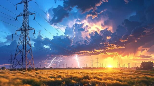 Dramatic view of lightning strikes over a field with power lines during a storm at sunset.