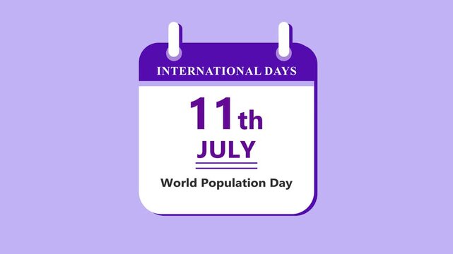 Population awareness calendar interface featuring 11th July World Population Day with clean minimal date layout and global theme on purple background 4k animation video