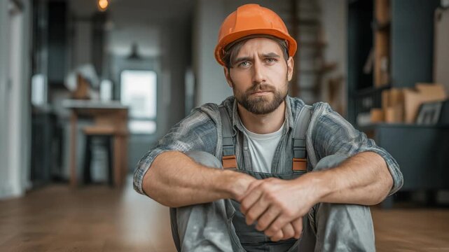 Asian factory worker sitting idle with a bored expression due to lack of orders, symbolizing economic slowdown, unemployment risk, and reduced industrial production in a manufacturing environment.