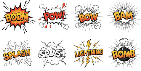 Comic Explosion Sound Effects with Boom, Pow, Bow, Splash, Lightning, and Bomb in Bold Orange and Black for Action Graphics © Kamrun