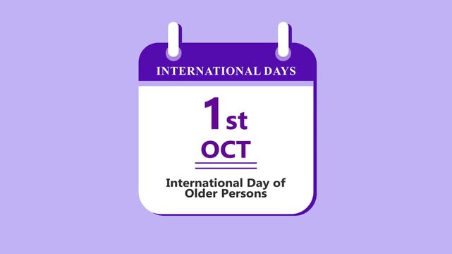 Senior awareness calendar interface featuring 1st October International Day of Older Persons with clean minimal date layout on purple background 4k visuals