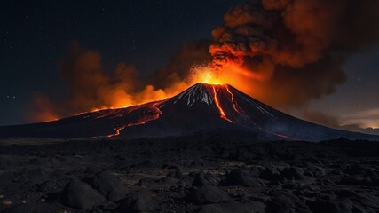 Fototapeta premium Erupting volcano spewing lava and ash under a starry night sky, with rocky terrain in the foreground