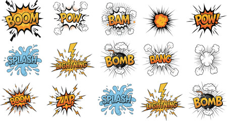 Comic Sound Effects with Boom, Pow, Zap, Lightning, Bomb, Splash, and Explosions in Vibrant Orange, Blue, and Black © Shilpi