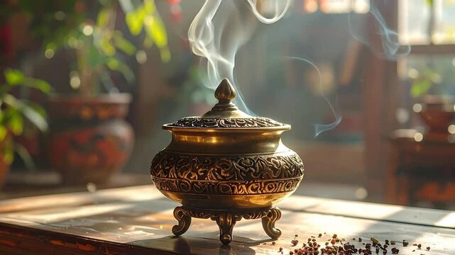 An ornate brass incense burner with rising smoke, set on a wooden table with a blurred background.