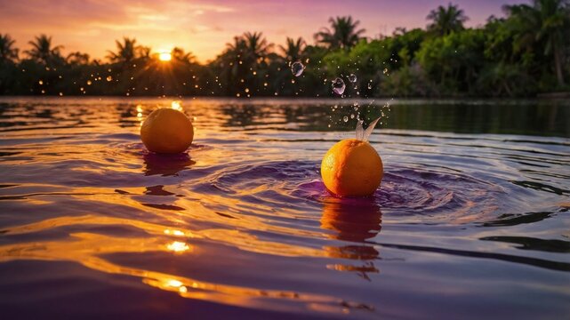 Two oranges splashing in a tranquil river at sunset, surrounded by lush greenery and palm trees