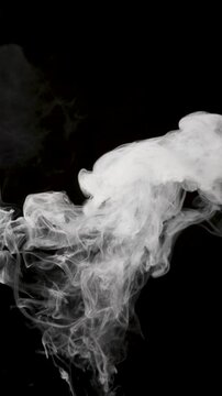 Soft white smoke forms intricate swirling patterns against a deep black background, creating an abstract, fluid composition with strong contrast and elegant motion. Copy space