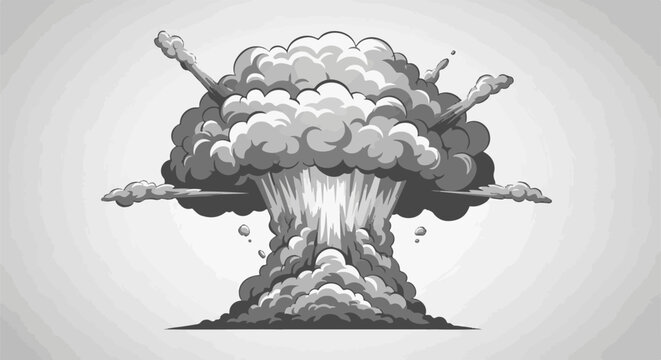 Dramatic pixelated mushroom cloud explosion rendered in grayscale tones