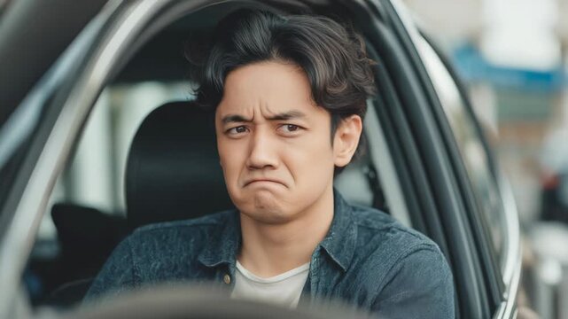 Close-up of an Asian man with a bad mood driving on the road, capturing frustration and stress during a commute, highlighting emotions related to traffic, fatigue, and urban lifestyle.