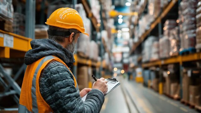 Warehouse staff checking inventory notes in a large storage facility filled with stacked cardboard boxes, representing logistics, supply chain management, and efficient distribution operations.