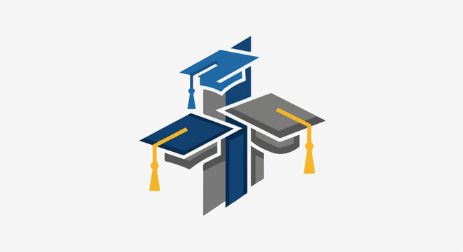 Three graduation caps, two blue, one gray, with yellow tassels, on abstract blocks