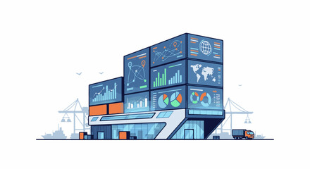 Fototapeta premium Modern digital hub displays global data analytics with shipping containers