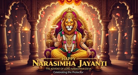 Fototapeta premium Grand Narasimha Jayanti festival with the divine lion-man deity on a throne amidst ornate architecture and falling confetti