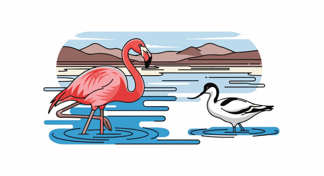Stylized pink flamingo and avocet wading in water with distant mountains