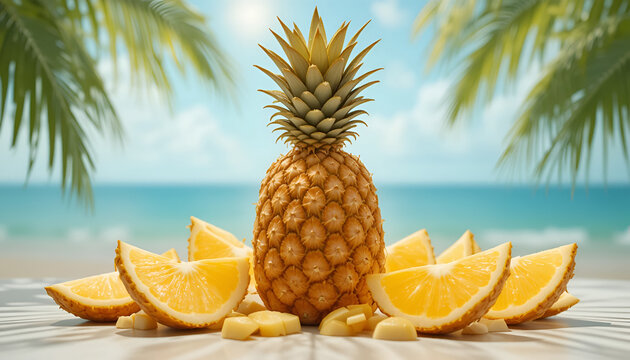 Pineapple and orange slices on a tropical beach with palm trees summer vacation fruit arrangement