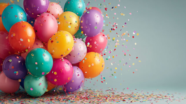 誕生日の祝杯に舞うカラフルな風船と紙吹雪の背景素材