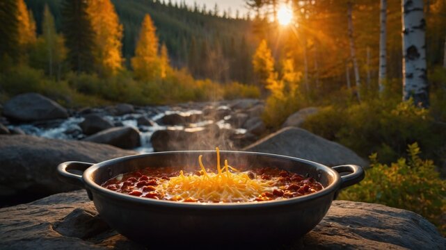 A steaming pot of chili topped with cheese sits on a rock by a river, surrounded by autumn trees at sunset