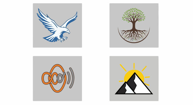 Four square icons eagle, tree, infinity symbol, and mountain sunrise