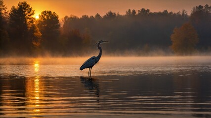 Obraz premium Serene Great Blue Heron Standing in Calm Waters at Sunrise with Misty Forest Background
