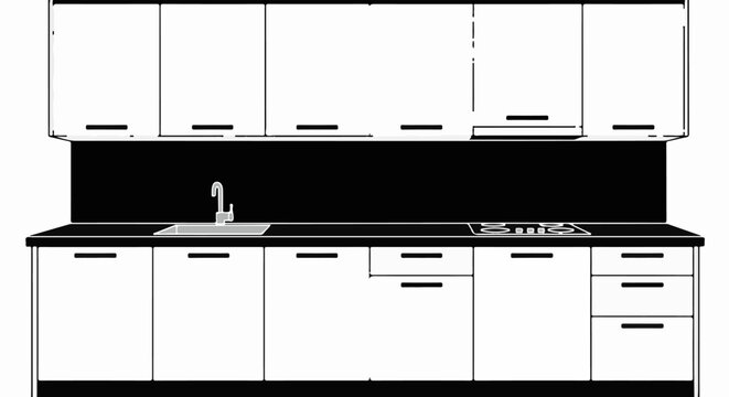 White kitchen cabinets, sink, and stovetop against a black backsplash