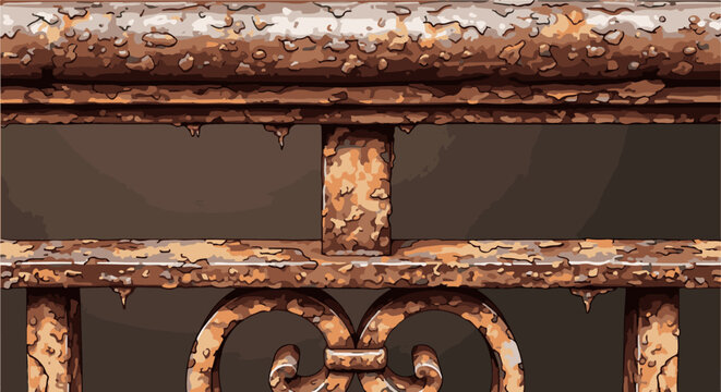 Close-up of heavily rusted metal bars with ornate scrollwork