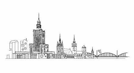 Naklejka premium Stylized ink sketch of a city skyline with diverse architectural styles