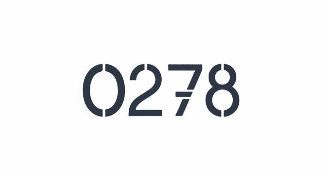 Dark stenciled numbers zero, two, seven, and eight on white background