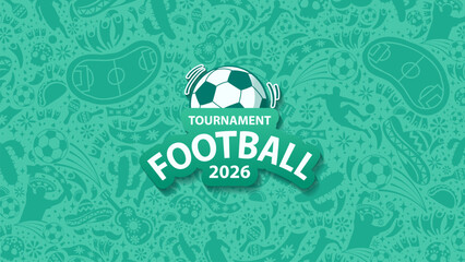 Obraz premium Green vector background for 2026 football tournament featuring Mexican culture icons like sombreros, maracas, and tacos. Great for Mexico host city celebrations.