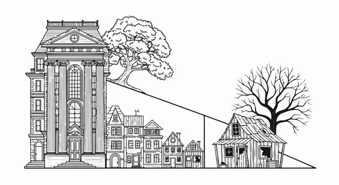 Grand building, village, and dilapidated shack on a sloping line