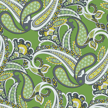Turkish Cucumber Paisley. Seamless vector pattern in traditional oriental style with flowers, leaves and fantasy elements. Fabric and wallpaper cover