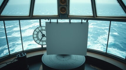 Fototapeta premium Ship bridge interior. Blank screen dominates view, ocean visible through windows. Navigation equipment present. Calm, cool tones.