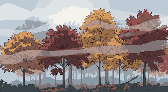 Pixelated forest scene with autumn foliage in red and gold hues