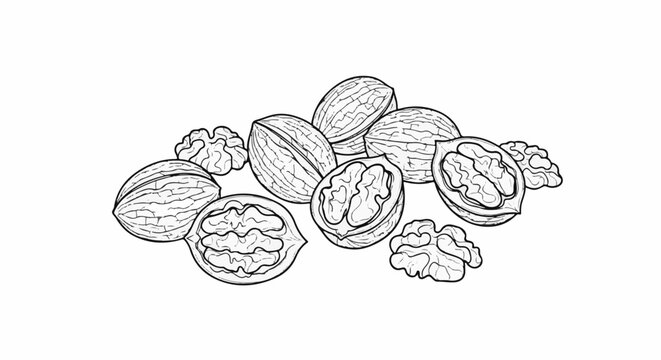A sketch of whole and halved walnuts, some cracked open