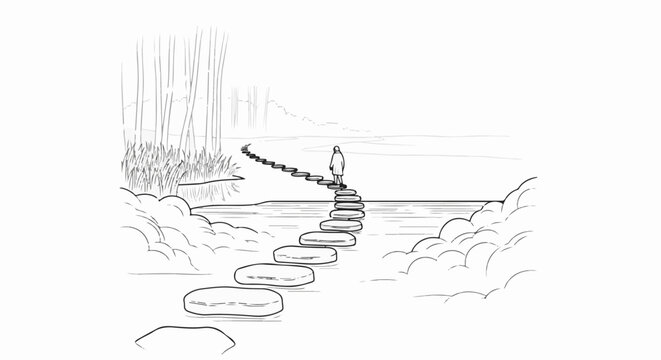 Lone figure walks a winding path of stepping stones across water towards distant horizon