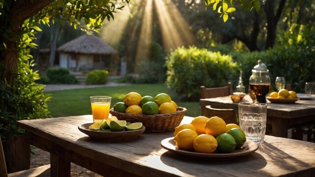 Freshly picked lemons and limes on a rustic table with a refreshing drink in a sunlit garden