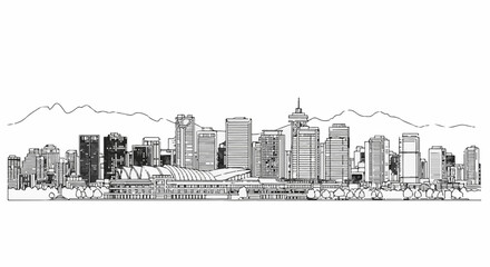 Fototapeta premium A stark monochrome sketch captures a sprawling city skyline with mountains in the background