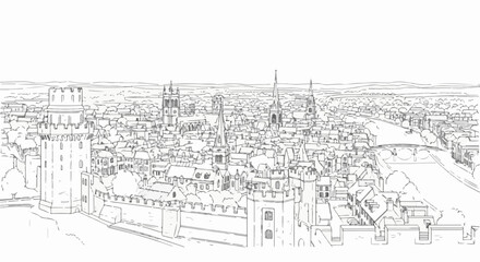Fototapeta premium Panoramic sketch of an ancient city with a large fortified wall and river