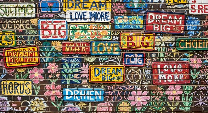 Colorful brick wall mural featuring inspirational words and floral patterns.