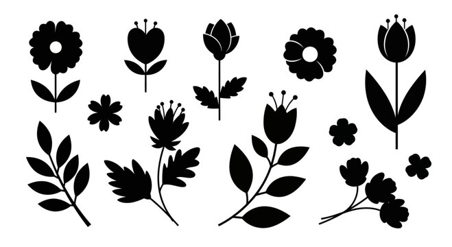 Black silhouettes of various flowers and leaves.