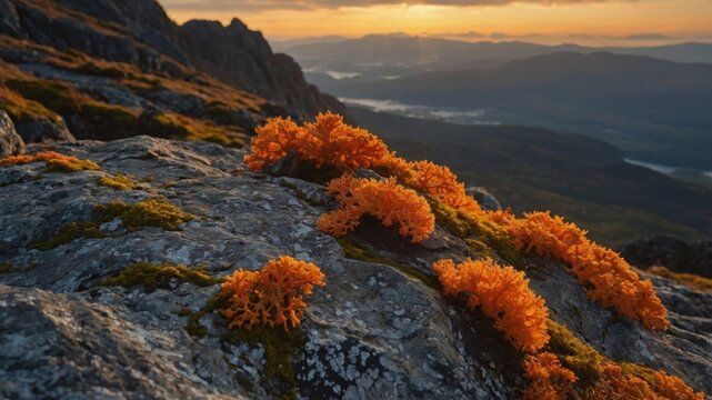 Vibrant orange lichen thriving on rocky terrain during sunset, with distant mountains and valleys