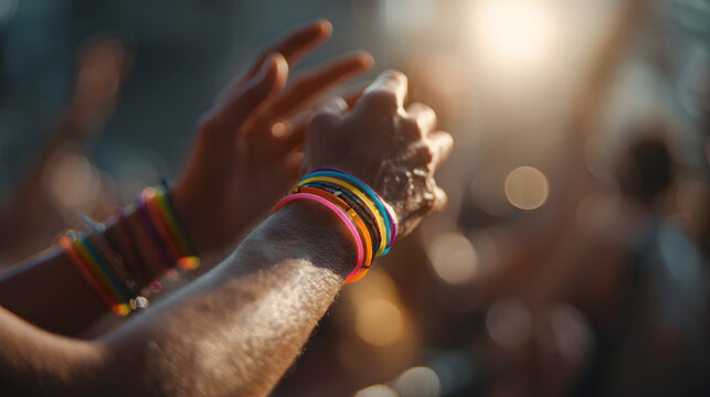 Hands wearing colorful rainbow silicone bracelets clapping and celebrating at a vibrant music festival or lgtbqia plus pride event, expressing joy and community support in a blurred crowd