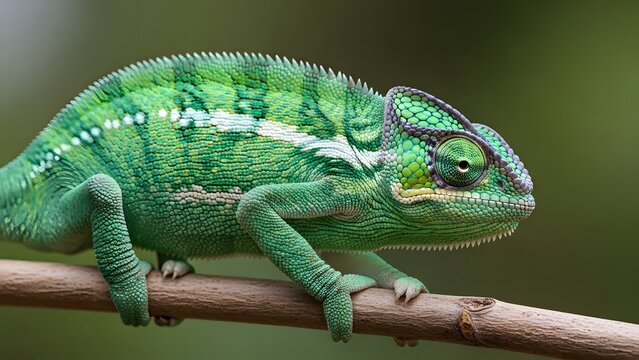 Green chameleon on a branch outdoors.